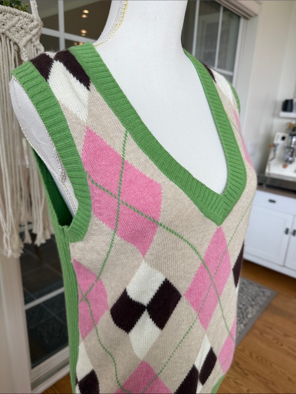 Lilly Pulitzer Cotton Angora Plaid Argyle V-Neck Sweater Vest in Pink, Green